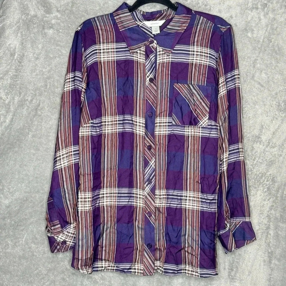 CJ Banks Tops - CJ Banks 1X Shirt Top Purple Plaid Button Up Long Sleeve Collared Lightweight
